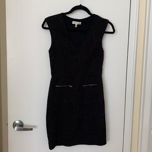 Black Lace Monteau dress with gold faux zipper pockets